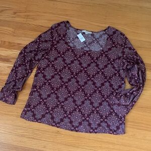 LOFT square neck blouse burgundy, white & terra cotta floral print. Size L